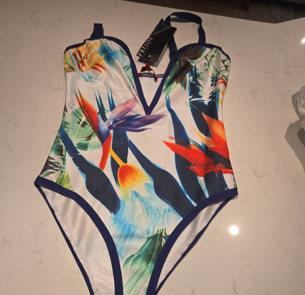 WOW couture Multicolor Tropical Floral One-Piece with Navy Trim